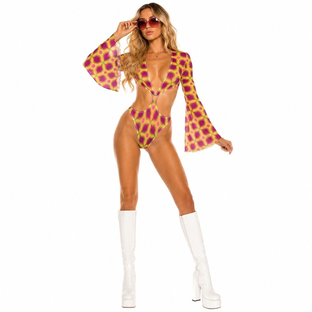 Badinka Bodysuit M Mesh Hustle O Ring  Flare Sleeve Festival Rave Retro 70s EDM